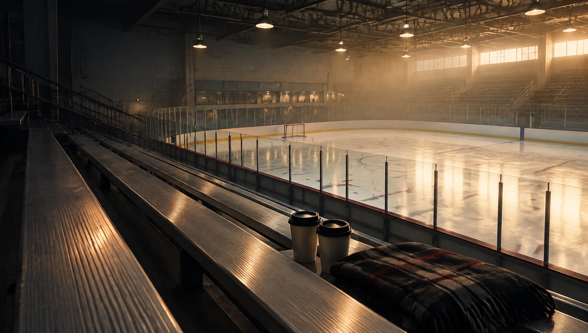 Empty rink bleachers with two coffees and a blanket
